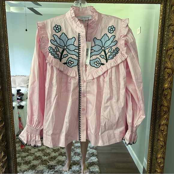 NWT lug von siga GARDENIA TOP ruffle collar preppy pink floral - Picture 2 of 8